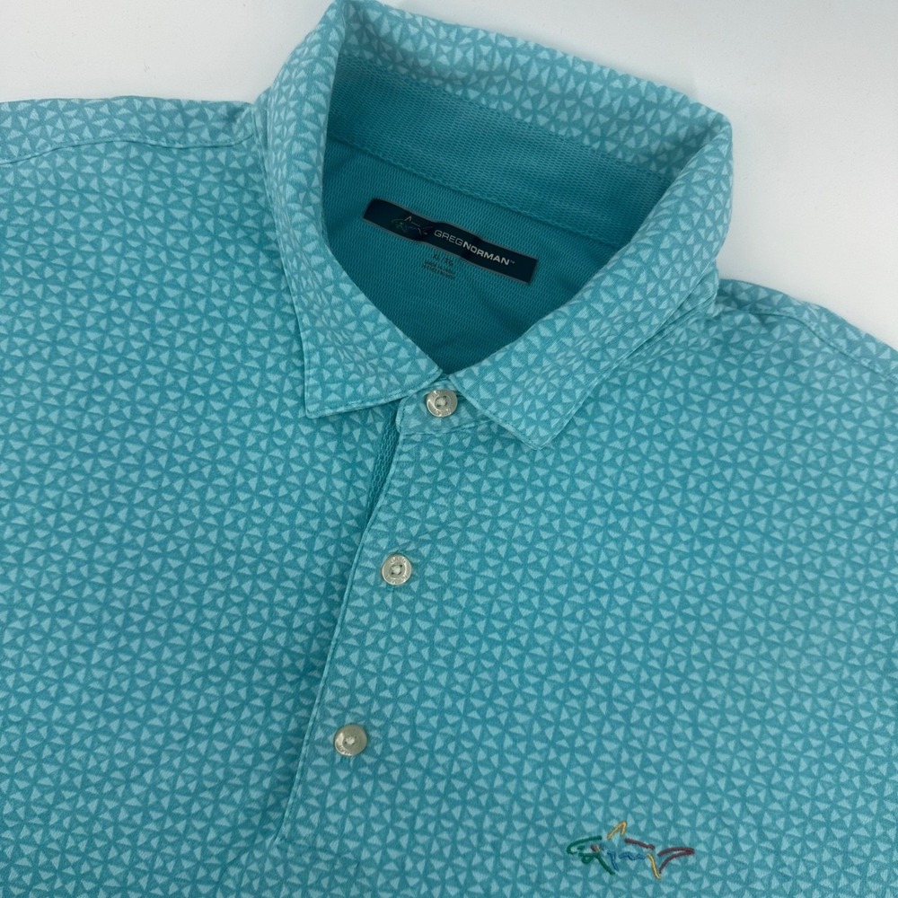 Greg Norman XL Golf Polo Shirt Aqua Blue Geometric Print Shark Logo
